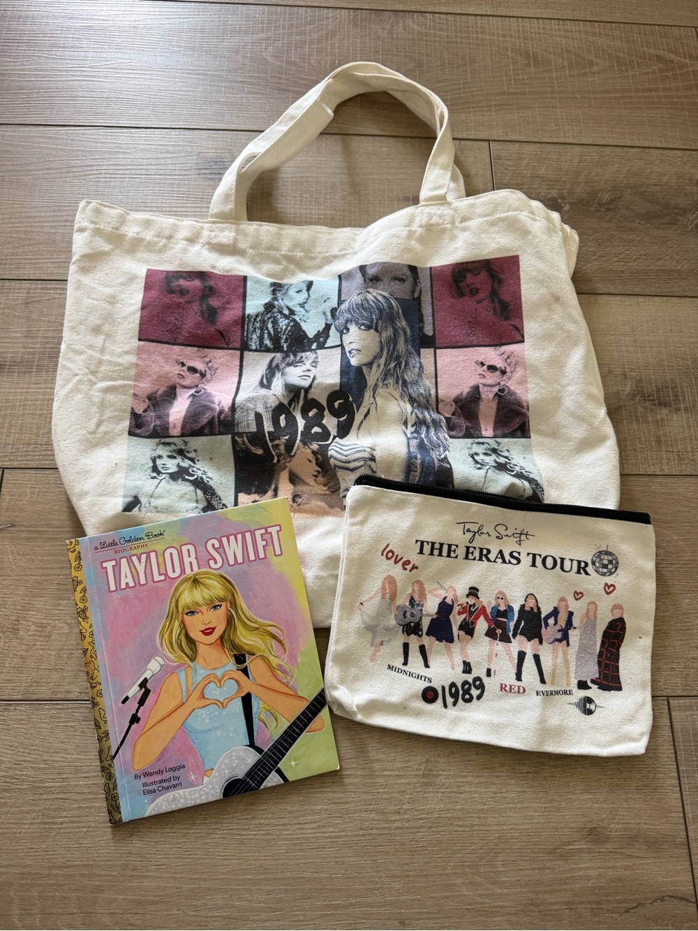 Taylor Swift Cream Canvas Tote with Multicolor Eras Graphic and Matching Pouch